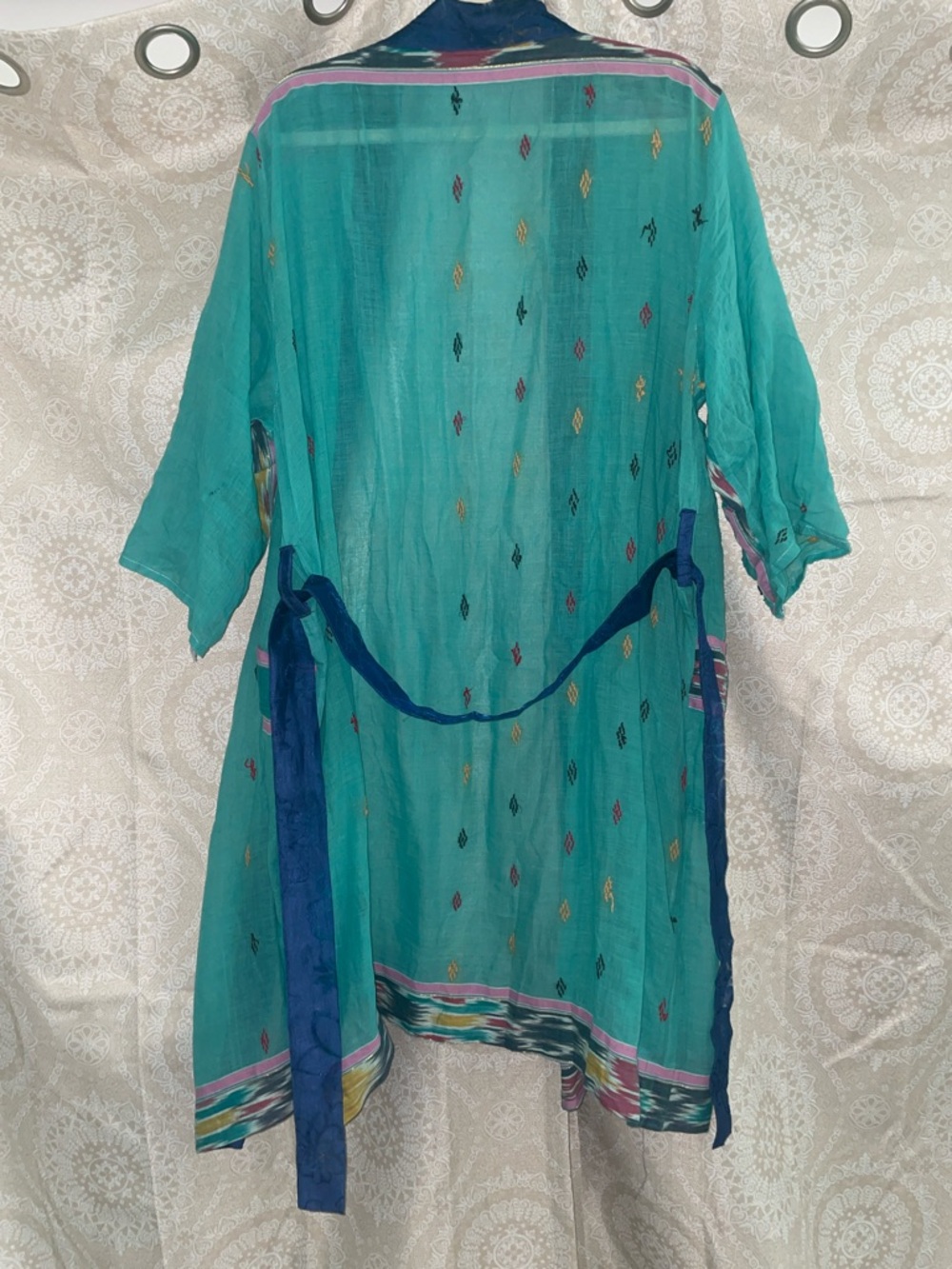 Teal Kimono with Navy Trim with Pockets<3 - Picture 3 of 8